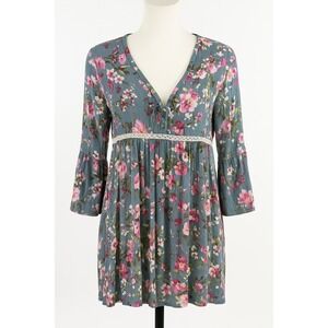 Umgee Women's Boho‎ Floral Babydoll Dress Blue Pink Green Size M 3/4 Sleeve